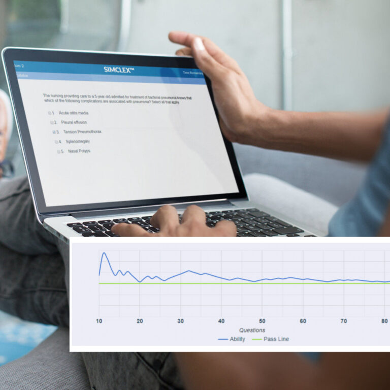 SIMCLEX adaptive NCLEX simulator interface demonstrating real-time performance adjustments